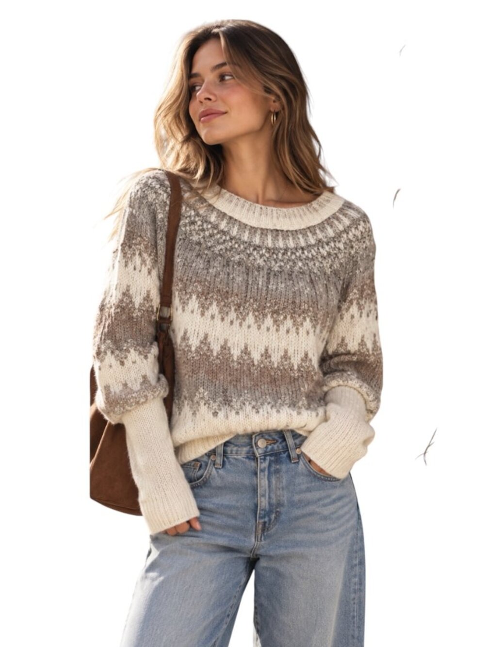 NWOT Free People Women’s Home For The Holidays Gray Cream Fair Isle Fall Sweater